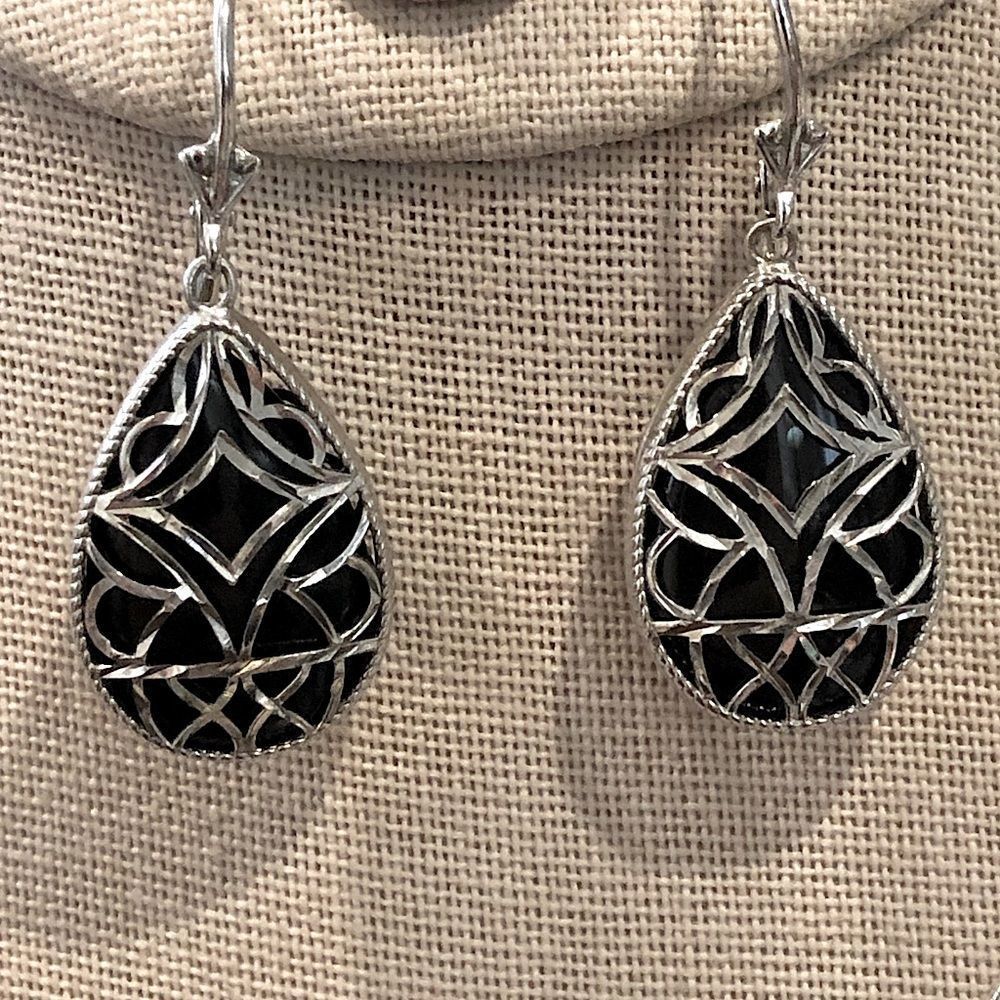Black Onyx and Sterling Silver Filigree Drop Earrings